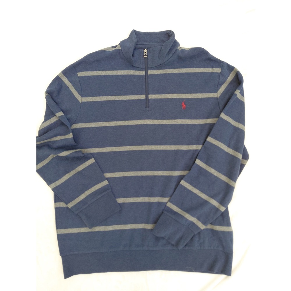 Polo Ralph Lauren Mens XL Quarter Zip Pullover Blue Grey Striped Cotton Modal
